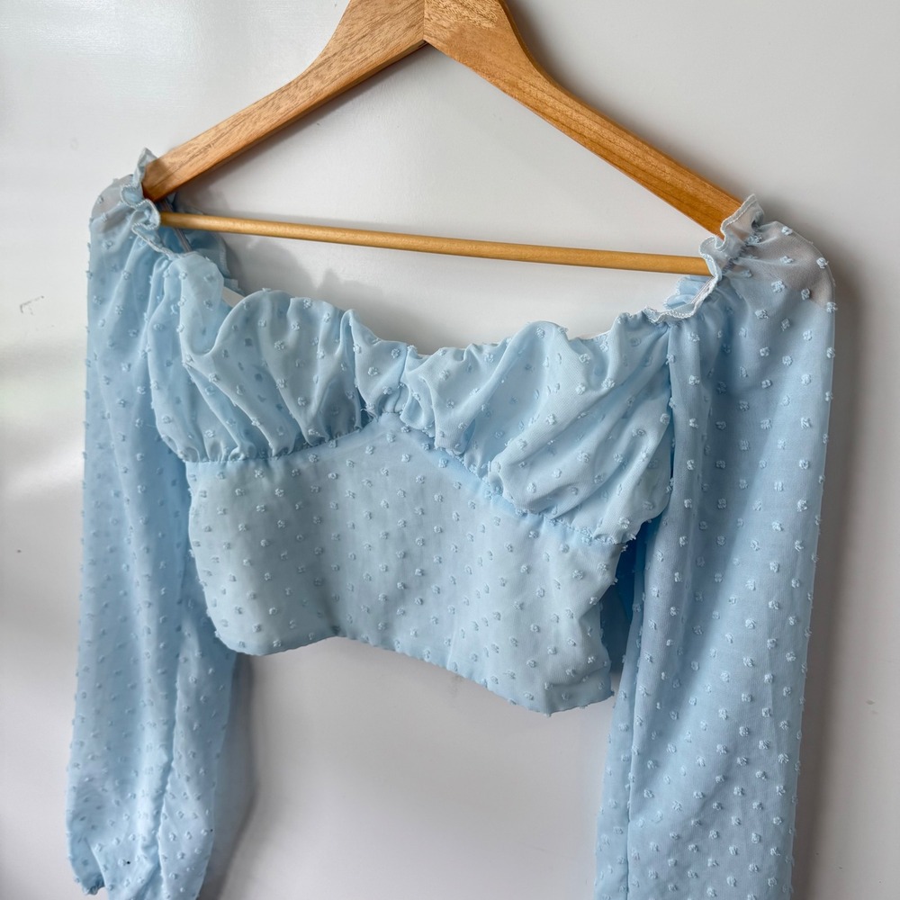 Shein Swiss Dot‎ Crop Top Ruched Sweetheart Neck Long Sleeve Blue S - Picture 5 of 7